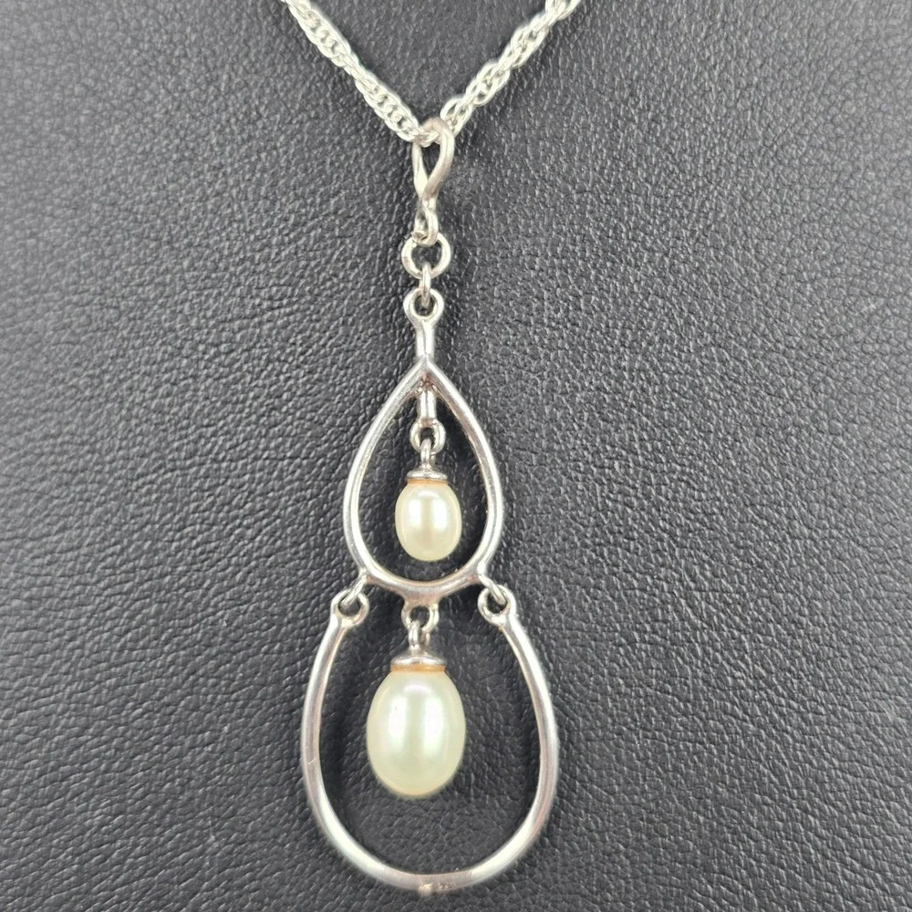 Sterling Silver 925 Double Teardrop Dangle Pearl Pendant Rope Chain Necklace 16